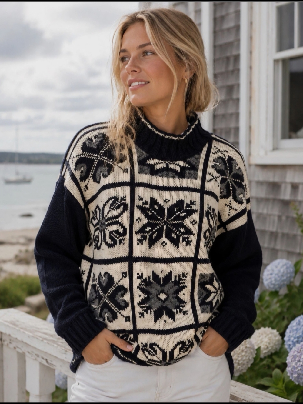O Marisa Christina Hand Knit Nordic Fair Isle  Turtleneck Sweater  Large